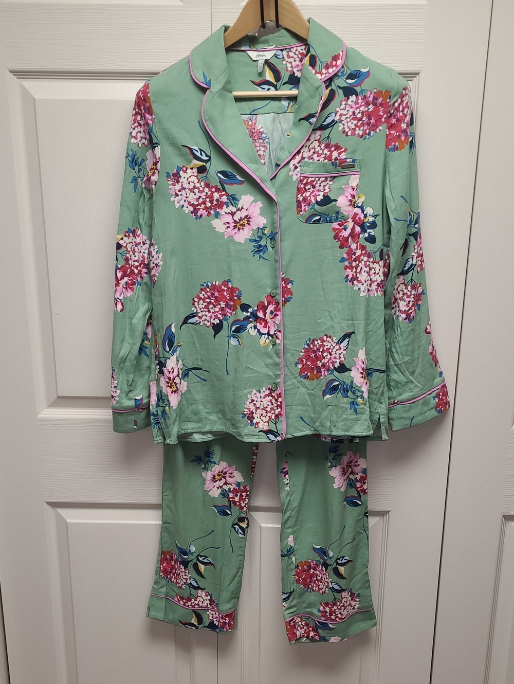 Joules Sleeptight Light Greenflo Cotton Green Mint Floral Pajama Set w/Pink Trim